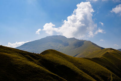 Scenic view of mountains against sky in montefortino, marche italy