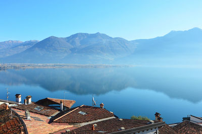 Scenic view of lake and mountains against clear blue sky