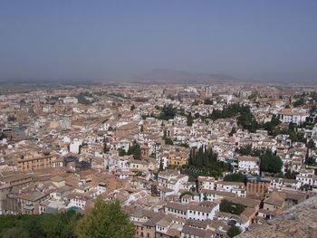High angle shot of townscape against clear sky