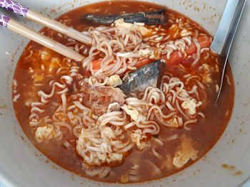 Close-up of soup served in bowl