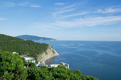 High angle view of bay against sky