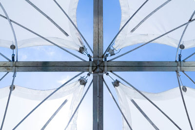 Directly below view of metallic structure with white canvas