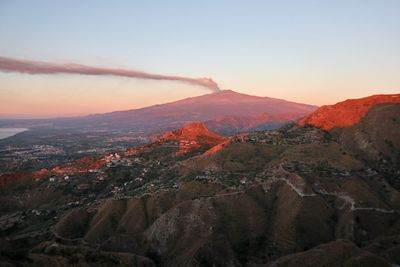 Aerial view of landscape against sky during sunset