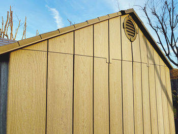 Low angle view of wooden house against sky