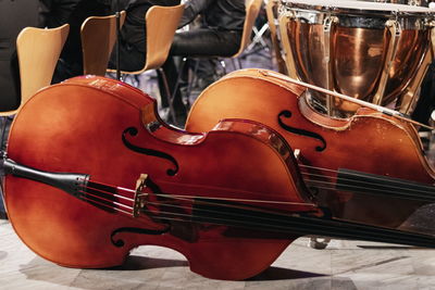 Close-up of violins on table