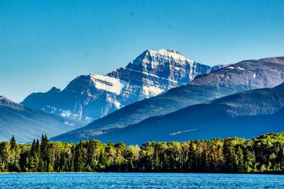 Scenic view of lake and mountains against clear blue sky