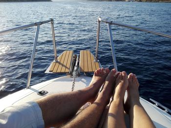 Low section of sailboat sailing on sea