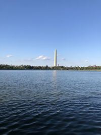 Scenic view of lake against blue sky