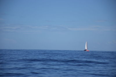 Sailboat in sea against blue sky