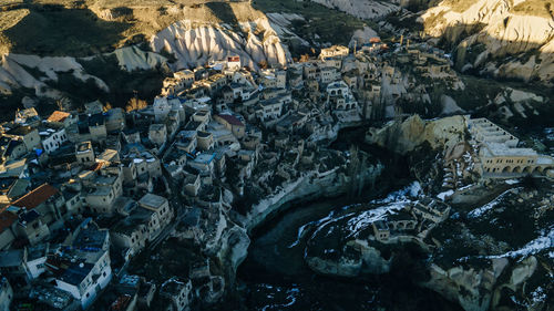 High angle view of buildings and rocks in city