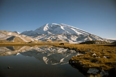 Scenic view of snowcapped mountains against clear sky