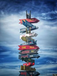 Low angle view of road sign against sky