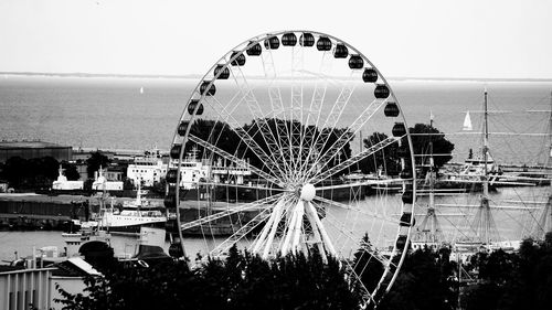 Ferris wheel by sea against clear sky