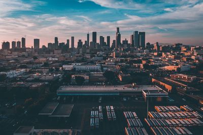 High angle view of buildings against sky during sunset