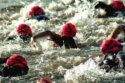 High angle view of people swimming in river