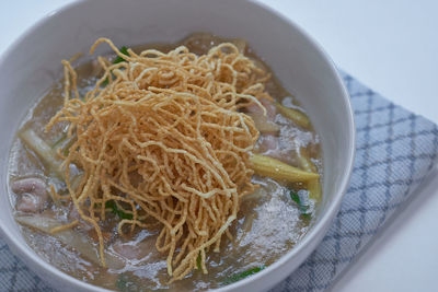 High angle view of rice in bowl on table