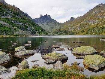 Scenic view of lake and mountains against sky