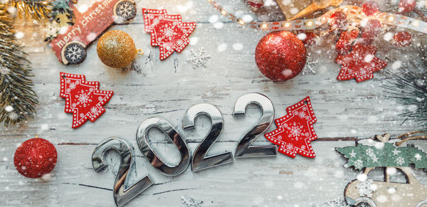High angle view of christmas decorations on table