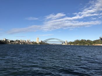 View of bridge over river against cloudy sky