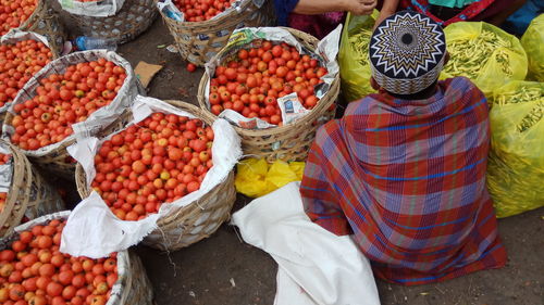 High angle view of tomatoes in basket