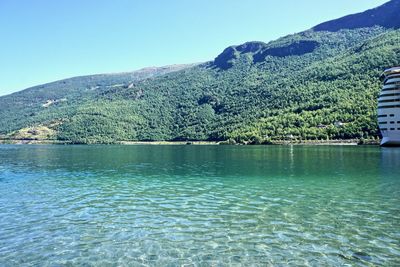Scenic view of lake and mountains against clear sky
