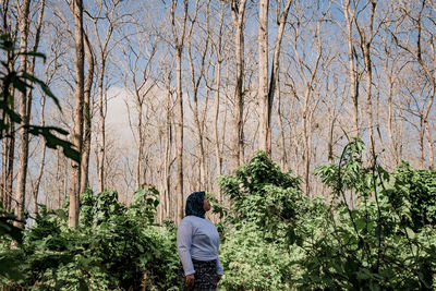 Rear view of man standing amidst trees