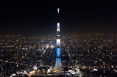 Aerial view of illuminated buildings in city at night