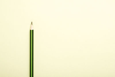 Wooden pencil in green and black colors on cheam white background with copy space or text.