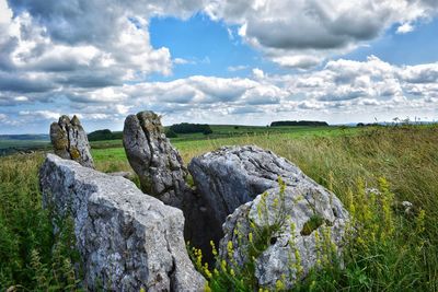 Scenic view of rocks on field against sky