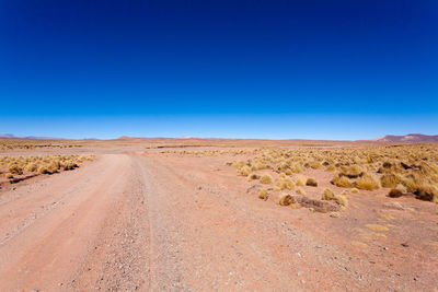 Scenic view of desert against clear blue sky