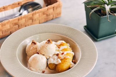 High angle view of ice cream in plate on table