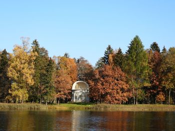 Scenic view of lake against clear sky during autumn