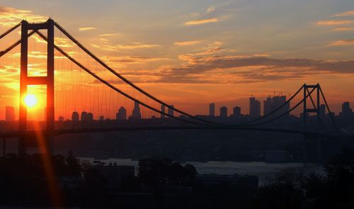 Bosphorus bridge over sea against sky during sunset in city