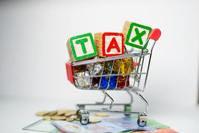 Close-up of toys over white background