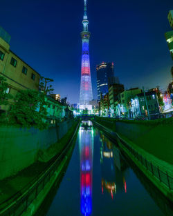 Illuminated buildings in city at night