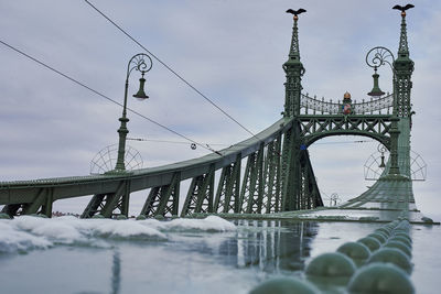 Low angle view of suspension bridge over river during winter