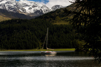 Scenic view of lake by trees and mountains