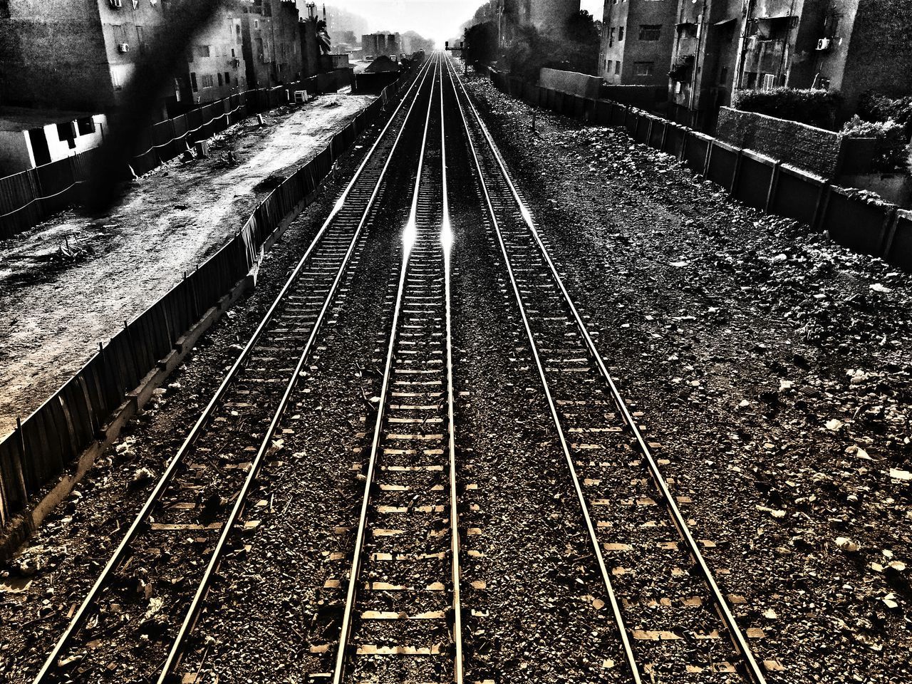 HIGH ANGLE VIEW OF RAILROAD TRACK