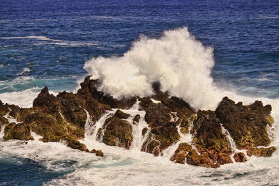 Wild atlantic ocean waves crashing ashore at porto moniz, madeira