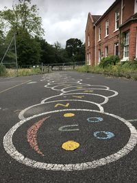 Text on road in city against sky