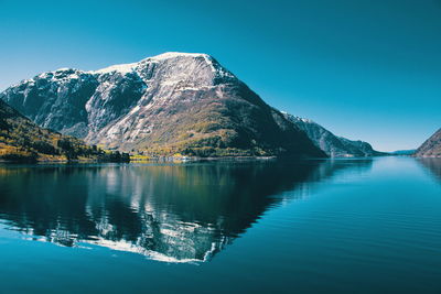 Scenic view of lake and mountains against clear blue sky