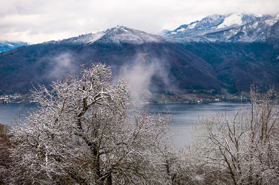 Scenic view of lake by mountains against sky