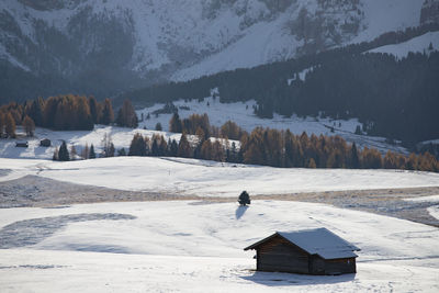 Man on snow covered land against mountains