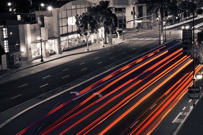 High angle view of light trails on street