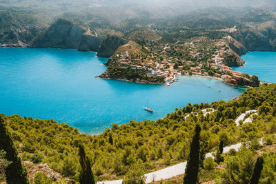 Aerial view of town by sea