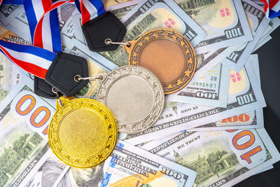 Close-up high angle view of coins