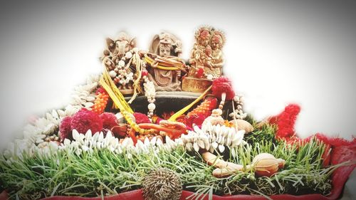 Close-up of buddha statue against plants in temple