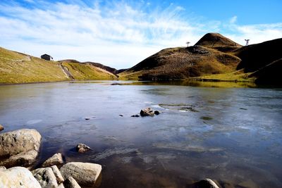 Scenic view of lake and mountains against sky