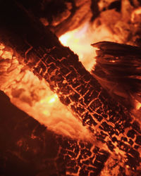 Close-up of fire on log at night