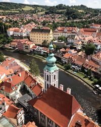 High angle view of buildings in town